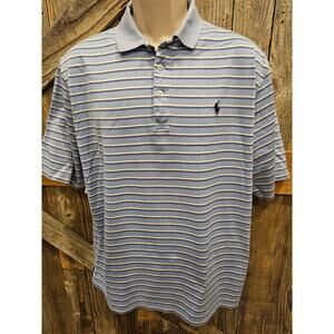Polo size L large blue striped pima cotton golf pullover shirt men's preppy y2k^